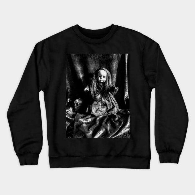 creepy  doll in black and white Crewneck Sweatshirt by cjeff13